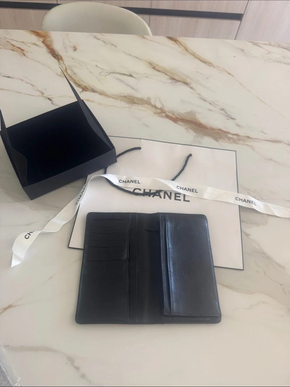 CHANEL Black Leather Bifold Wallet with Flap Pocket